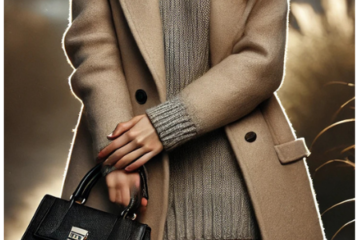 Mujer joven con cabello rubio ondulado, ojos azules intensos y un elegante conjunto de invierno, incluyendo un abrigo beige, botas marrones y un gorro gris, de pie en un día frío y soleado.