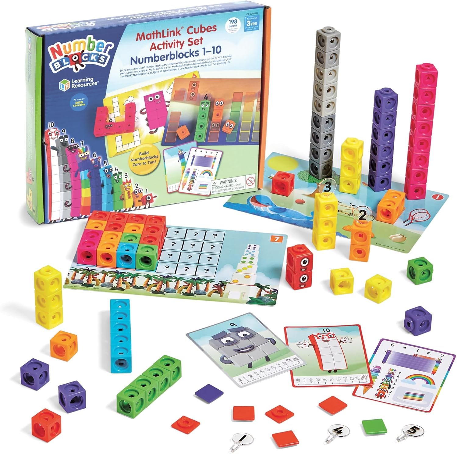 Set de Actividades con Cubos MathLink y Numberblocks del 1 al 10, con cubos de colores y tarjetas de actividades educativas para aprender matemáticas básicas.