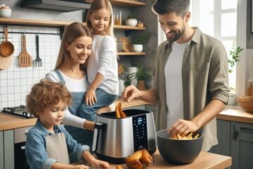 Familia con dos hijos cocinando con una freidora de aire en una cocina moderna