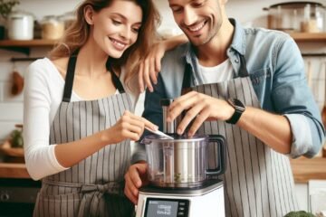 Pareja cocinando juntos con complicidad utilizando el robot de cocina Cecotec Mambo 10090 en una cocina moderna