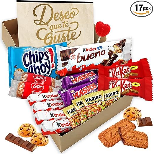 Cajita Regalo Original con 17 Chocolates Kinder Bueno, Kinder Cards, Twix, Mars, Kit Kat, Huesitos, Galleta Lotus Biscoff y Mucho Más